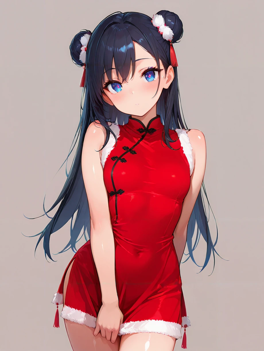 masterpiece,amazing quality,best quality,ultra-detailed,8K,illustration,CG,shiny hair,clear skin,ultra-detailed-eyes,simple background,cute girl, eyelashes,  <lora:chinese santa_illustrious_V1.0:1> chinese santa, santa, double bun