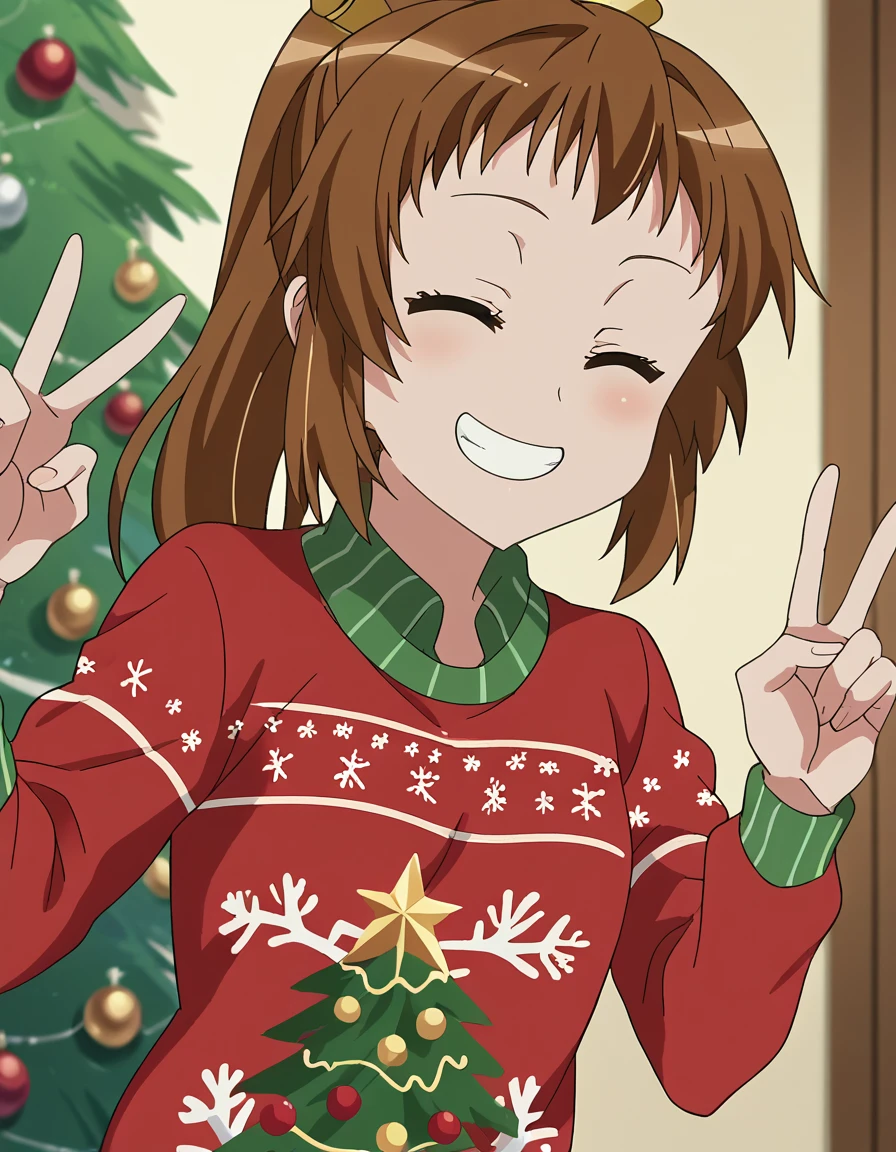 score_9, score_8_up, score_7_up, source_anime, <lora:tamao-kurei-s2-ponyxl-lora-nochekaiser:1>, tamao kurei, brown hair, brown eyes, ponytail, hair ornament, anime screencap, <lora:christmas-sweater-ponyxl-lora-nochekaiser:1>, christmas sweater, christmas, ugly sweater, print sweater, red sweater, christmas tree, christmas ornaments, sweater, multicolored sweater, , v, smile, hands up, teeth, closed eyes, cowboy shot,, , dutch angle, cowboy shot