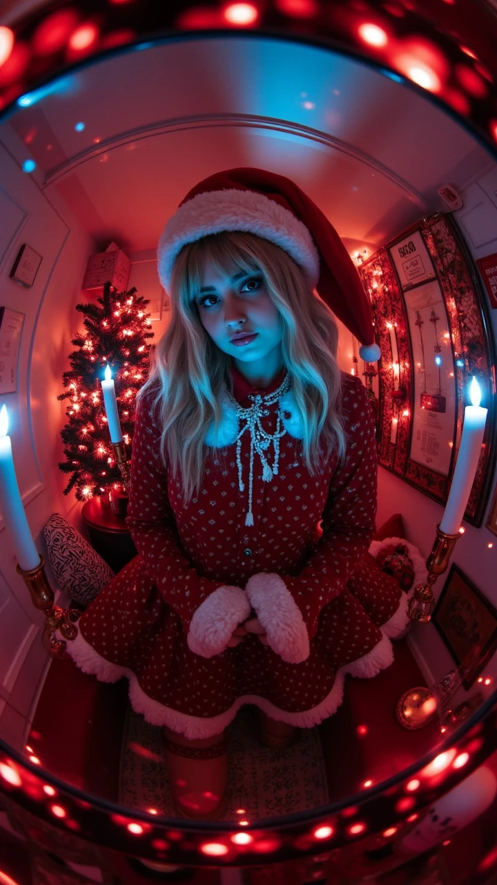 woman selfie in a cozy surrounding of Horror, equirectangular 360, Overdetailed art, Ethereal Lighting, Vivid Colors, aidmaChristmasOutfit