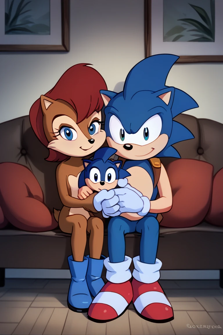 score_9, score_8_up, score_7_up,   couple, duo, 
1boy, sonic
 

 SallyAcorn,short hair, blue eyes, boots, 1girl, tail, blue footwear,

 
 ,  holding baby, 
 
 living room, couch, cozy,
sitting, looking at viewer,
front view