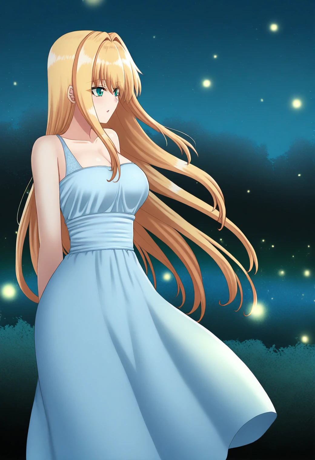 sysdeep_hah, 1girl, solo, honey blonde, long hair, sleeveless dress, moonlit meadow, fireflies surrounding, tranquil setting, <lora:Artist_Style_-_Hell_and_Heaven:1>