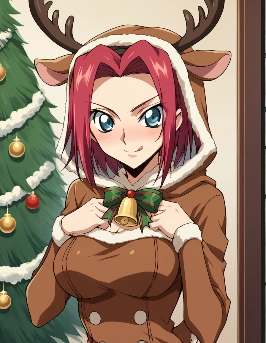 score_9, score_8_up, score_7_up, source_anime, <lora:kallen-stadtfeld-s1-ponyxl-lora-nochekaiser:1>, kallen stadtfeld, blue eyes, red hair, short hair, large breasts,, <lora:reindeer-costume-ponyxl-lora-nochekaiser:1>, reindeer costume, animal costume, reindeer antlers, antlers, fake antlers, reindeer hood, christmas, red nose, deer ears, deer tail, christmas tree, bell, horns, reindeer,, blush, smile, tongue out, looking at viewer,,