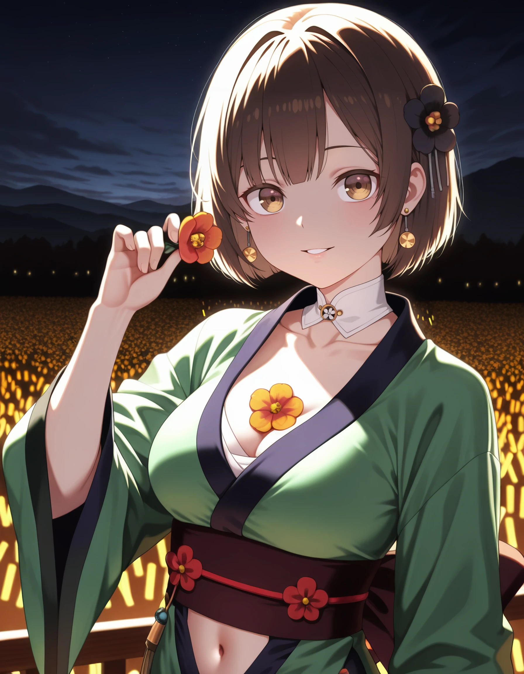 masterpiece, best quality, amazing quality,  <lora:seirei_gensouki_-_ruri_il:1> ruri, short_hair, brown_hair, hair_flower, bob_cut, brown_eyes, japanese_clothes, green_kimono, sash, obi, by_anri_(user_ncce8585), flower, clothing_cutout, gold_earrings, white_collar, smile, flower_on_chest, 1girl, holding_flower, tacet_mark_wuthering_waves, stomach_cutout, solo, earrings, medium_breasts, looking_at_viewer, hand_up, navel, black_flower, jewelry, camellia, collar, breasts, parted_lips, blake_bloom_wuthering_waves, holding, collarbone, cropped_arms, glowstick