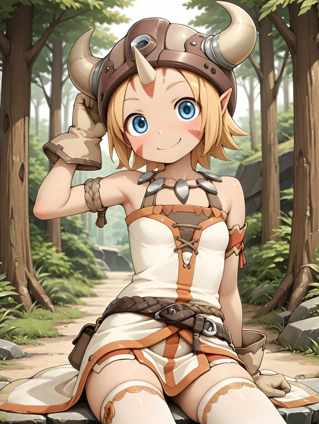 1girl, solo, Gob, blonde hair, short hair, blue eyes, facial marks, helmet, horns, single horn, white clothes, gloves, belt, necklace, white thighhighs, 

smile, happy, cowboy shot, looking at viewer, sitting on ground, outdoors, forest,

masterpiece, best quality,amazing quality, very aesthetic, absurdres, depth of field, blurry background, extremely detailed face, detailed eyes