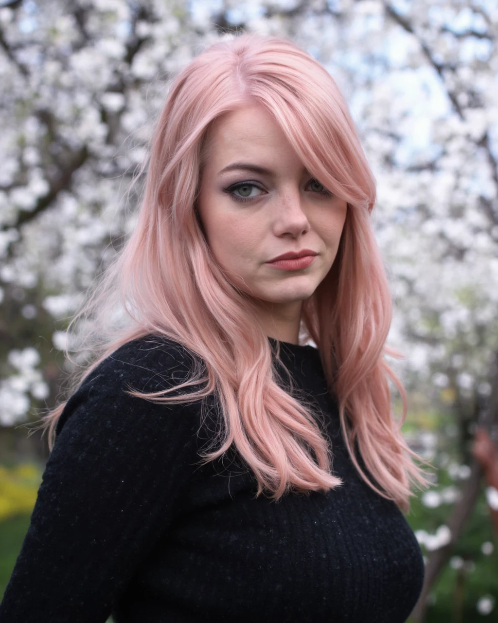 This is a high-resolution photograph of emma_stone with long, pastel pink hair cascading over her shoulders. She has fair skin and striking hazel hazel green eyes, with a delicate, almost ethereal appearance. She is standing amidst a forest of delicate, white blossoming trees, creating a serene and almost magical atmosphere. Her hair flows gently, framing her face and giving her a mystical quality. She wears a black, textured sweater that adds depth and contrast to the scene, as it appears rough and voluminous compared to her smooth, silky hair. The background is a blend of blue and white tones, with the white blossoms and blue sky blending seamlessly. The overall mood is one of tranquility and enchantment, with a touch of the surreal.