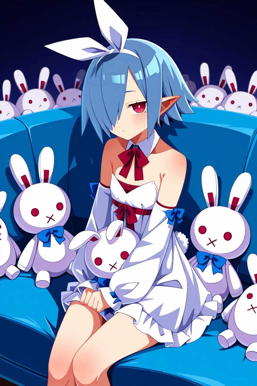 Pleinair, 1girl, solo, looking at viewer, blush, short hair, red eyes, dress, ribbon, bare shoulders, blue hair, hair ribbon, detached sleeves, pointy ears, hair over one eye, sitting on couch, surrounded by stuffed animals, stuffed rabbits, bunny theme, emotionless, blue theme,    ,<lora:HaradaTakehitoIXL_v3:1.0>,