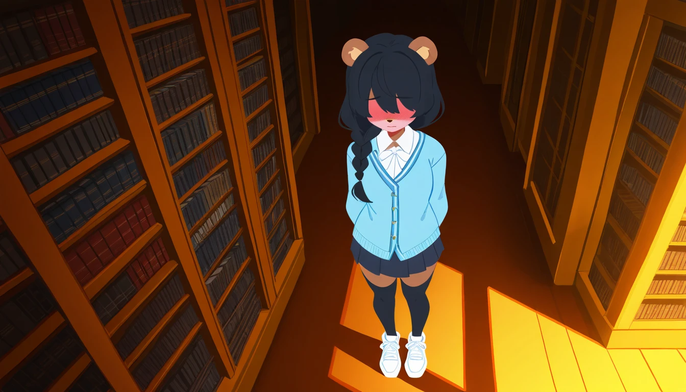 1girl, solo, anthro bear, furry, animal ears, brown fur, black hair, long hair, single braid, blue cardigan, white collared shirt, skirt, black thighhighs, sneakers, standing, full body, covered eyes, blushing, embarrassed, closed mouth, from above, dutch angle, arms behind back, looking down, sunny, sunlight, library, indoors, <lora:BrushlineStyle_IllustXL:1>, flat color,