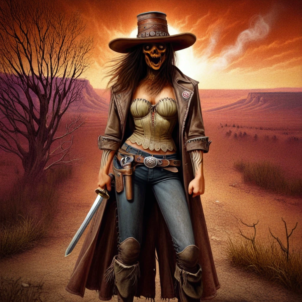 Horror-themed <lora:Wild_West_Wild_Frontier_Outlaws:1>ovtlawz,dark fantasy, ultra realistic painting, (Julie Bell), Female outlaw in 1850s Wild West attire, a long leather duster, wide-brimmed hat, and dual holstered revolvers, standing confidently in a dusty desert landscape, golden sunset casting dramatic long shadows, wind blowing dust across the scene, cinematic wide-angle shot, photorealistic, vibrant warm tones, intense and heroic. . Eerie, unsettling, dark, spooky, suspenseful, grim, highly detailed