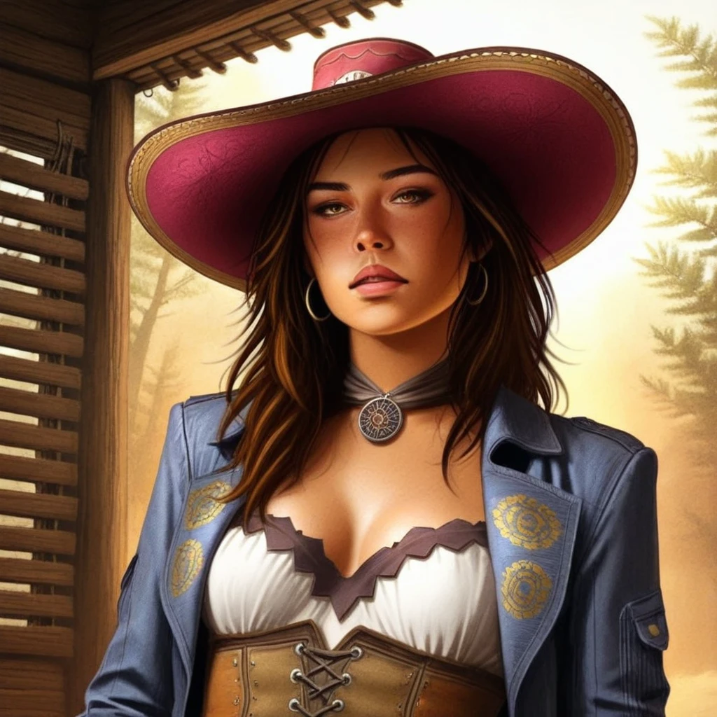 GTA-style artwork ovtlawz,dark fantasy, ultra realistic painting, (Julie Bell), Elegant female outlaw in a tailored velvet jacket, wide-brimmed hat tilted, and bandana around her neck, leaning against the bar of a smoky saloon, sunlight streaming through wooden shutters casting striped patterns on the walls, rich amber and sepia tones, close-up with intense expression, intricate textures, and atmospheric lighting. <lora:Wild_West_Wild_Frontier_Outlaws-Illustrious:1> . Satirical, exaggerated, pop art style, vibrant colors, iconic characters, action-packed