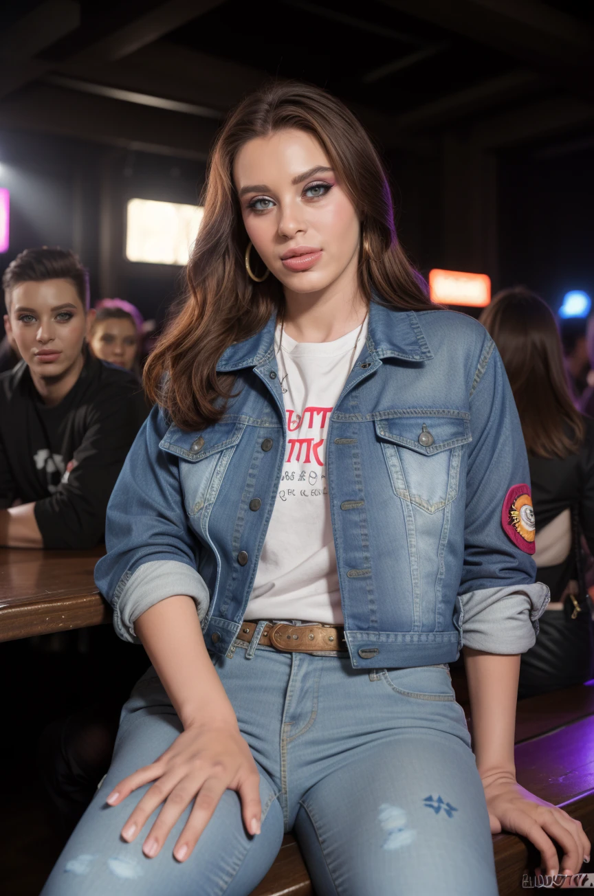 , best quality,  realistic,   <lora:LanaRhoadesQuiron _v05i03e20t05_Lora:0.87> lanarhoadesQuiron woman, 
makeup,  denim jacket with patches, stirrup pants ,  Dappled Light, (look at viewer),intricate detailed, flash photography, realistic, amazing photo of a pretty woman , , at blurred background crowded nightclub party background, , 
Sitting on edge pose