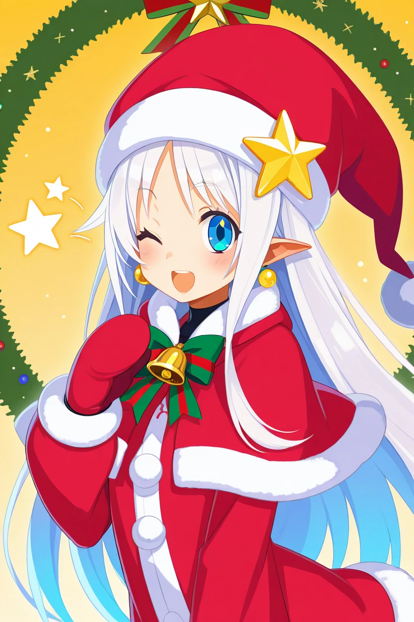 Noel, 1girl, solo, long hair, blush, smile, open mouth, blue eyes, gloves, hat, jewelry, white hair, earrings, one eye closed, pointy ears, star (symbol), capelet, ;d, christmas, santa hat, santa costume, mittens, red capelet,  smile, looking at viewer, Christmas theme,   ,<lora:HaradaTakehitoIXL_v3:1.0>,