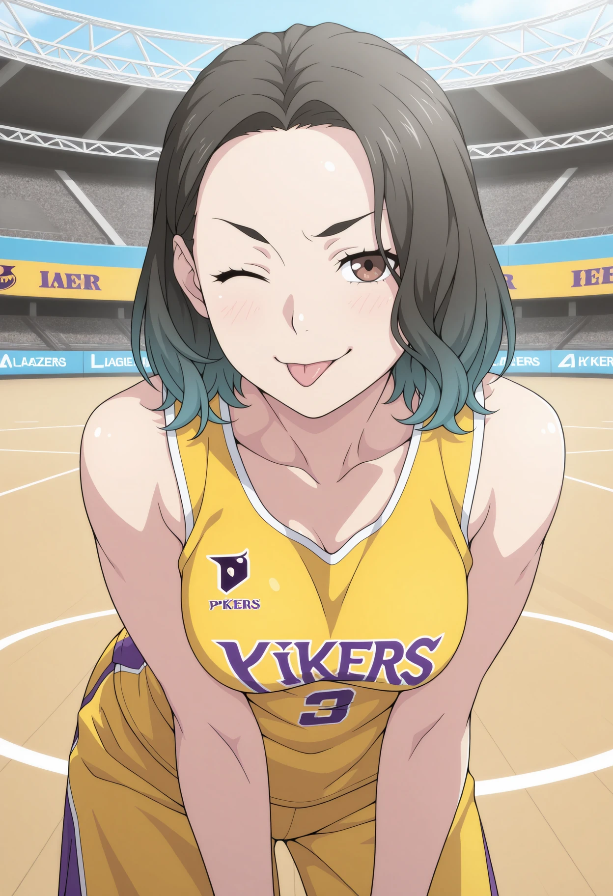 a close up of a person wearing a basketball uniform, a picture, inspired by Kentaro Miura, trending on pixiv, Shimizu Kiyoko, Haikyuu, wearing yellow nba jersey, yellow croptop nba jersey, wearing a low cut croptop, wearing croptop, croptop, written "Lakers" on the croptop, golden raito, (winking), shirobako, large)}], favorite scene, fine details. anime. skins, sweating, big breasts, both hands raised, armpits, armpits visible, dripping with sweat, more more sweat, sweaty armpits, smile, wearing glasses