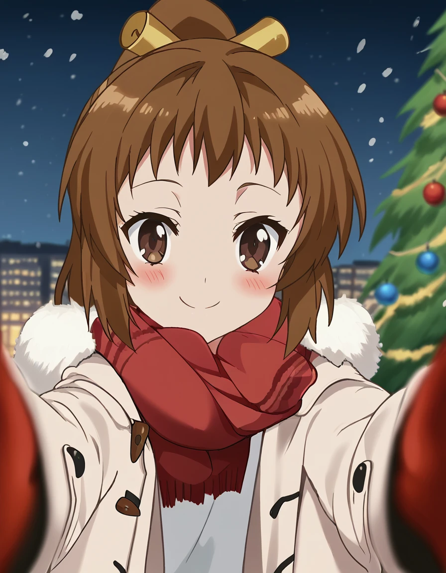 score_9, score_8_up, score_7_up, source_anime, <lora:tamao-kurei-s2-ponyxl-lora-nochekaiser:1>, tamao kurei, brown hair, brown eyes, ponytail, hair ornament, anime screencap, <lora:pov-cheek-warming-ponyxl-lora-nochekaiser:1>, pov cheek warming, pov cheek warming (meme), winter gloves, duffel coat, fur-trimmed scarf, winter clothes, red mittens, meme, winter coat, red scarf, fur-trimmed coat, reaching towards viewer, reaching, mittens, fur-trimmed hood, white coat, open coat, scarf, coat, red gloves, snowing, pov, fur trim, depth of field, smile, blush,, christmas, christmas tree, christmas lights,, , dutch angle, cowboy shot