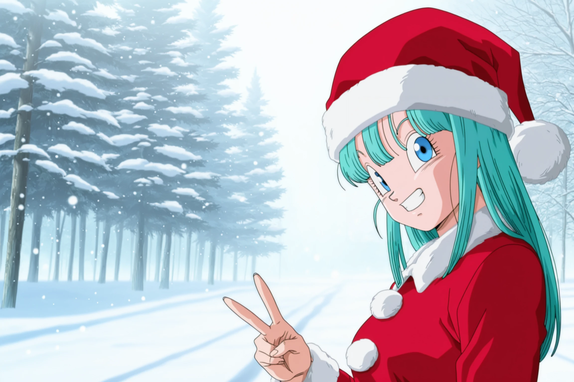 anime screencap, masterpiece, best quality, amazing quality, very aesthetic, absurdres,  newest, (scenery, volumetric lighting),BREAK
official style, solo, 1girl, bra \(dragon ball\), long hair, straight hair, aqua hair, blue eyes, santa hat, santa costume, snow, fur trim, outdoors, snowing, upper body, v, grin, teeth,
 <lora:Bra_IL:0.8>
masterpiece, best quality, amazing quality, very aesthetic, absurdres,  newest, (scenery, volumetric lighting),