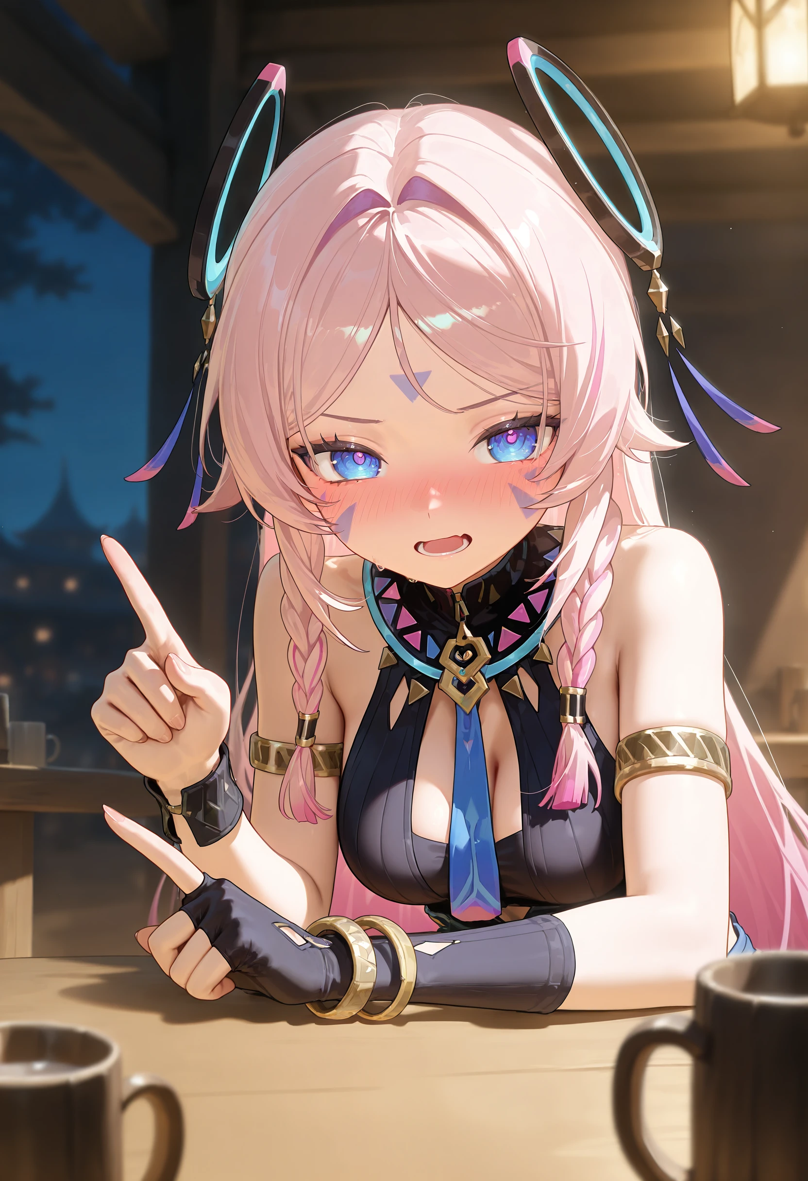 masterpiece, best quality, amazing quality, very aesthetic, absurdres,  newest, scenery, 
EBCitlali, 1girl, solo, long hair, looking at viewer, blush, open mouth, blue eyes, blonde hair, hair ornament, gloves, holding, bare shoulders, jewelry, medium breasts, upper body, pink hair, braid, multicolored hair, sleeveless, black gloves, elbow gloves, virtual youtuber, fingerless gloves, bracelet, cup, streaked hair, symbol-shaped pupils, headgear, halo, facial mark, hair intakes, table, index finger raised, armlet, alcohol, single glove, mug, forehead mark, bangle, drunk, <lora:CitlaliIL-09:0.9>
(colorful), masterpiece, best quality, amazing quality, very aesthetic, absurdres,  newest, scenery,
