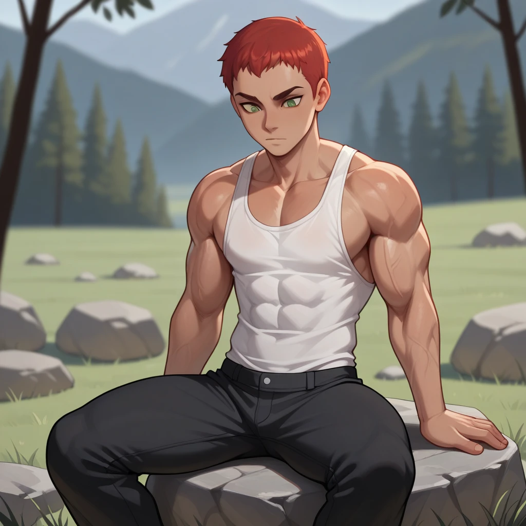 masterpiece, best quality, ShortBixie, short hair, 1boy, solo, red hair, green eyes, muscular, tank top, black pants, sitting on rock,   <lora:ShortBixie_illustrious_Leaf1:1>, depth of field,  outdoors,