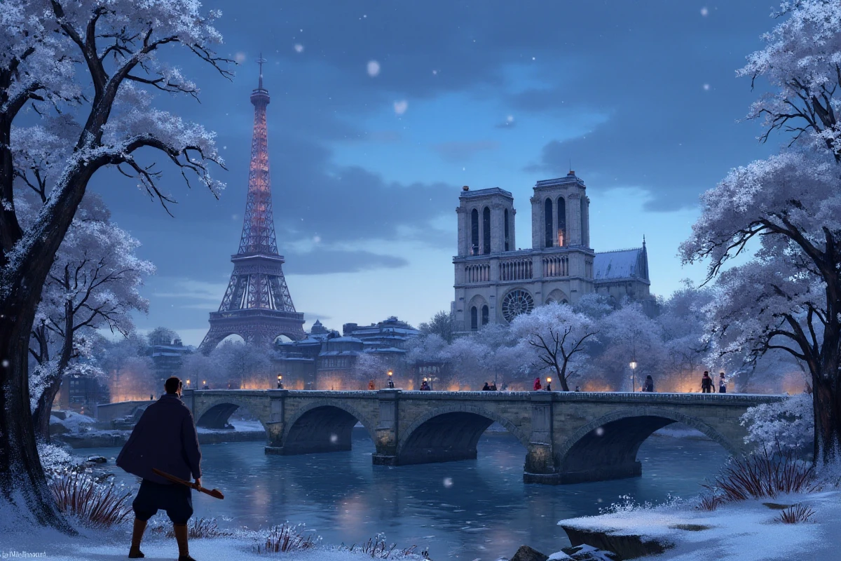 <lora:Blue_Eye_Samurai_Style:0.9> blue eye samurai style, Paris under the snow landscape with the effeil tower, notre dame cathedral, montparnasse tower