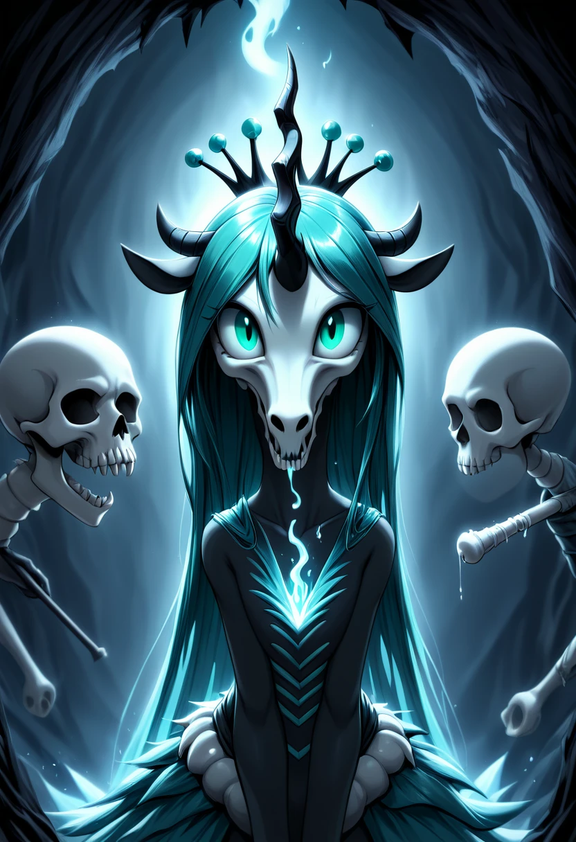 My Little Pony, Queen Chrysalis, Under-Cranked Shot: Shot at a low frame rate for fast motion, skull flute, lifelike textures, high epic fantasy, bone musical instrument, Bone Incense Holder: An incense holder crafted from bone, often intricately designed