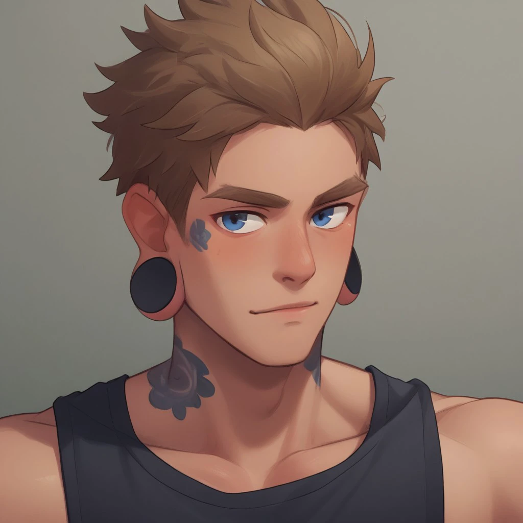 Gay, score_9,score_8_up,score_7_up, yaoi, 1boy, solo, adult, muscular, grown up, bara, short white fluffy hair,  undercut, blue eyes, neck tattoos, cheekbones, handsome, black tank top, armpits, male focus, (((huge stretched ears, huge massive black ear plugs))), side view