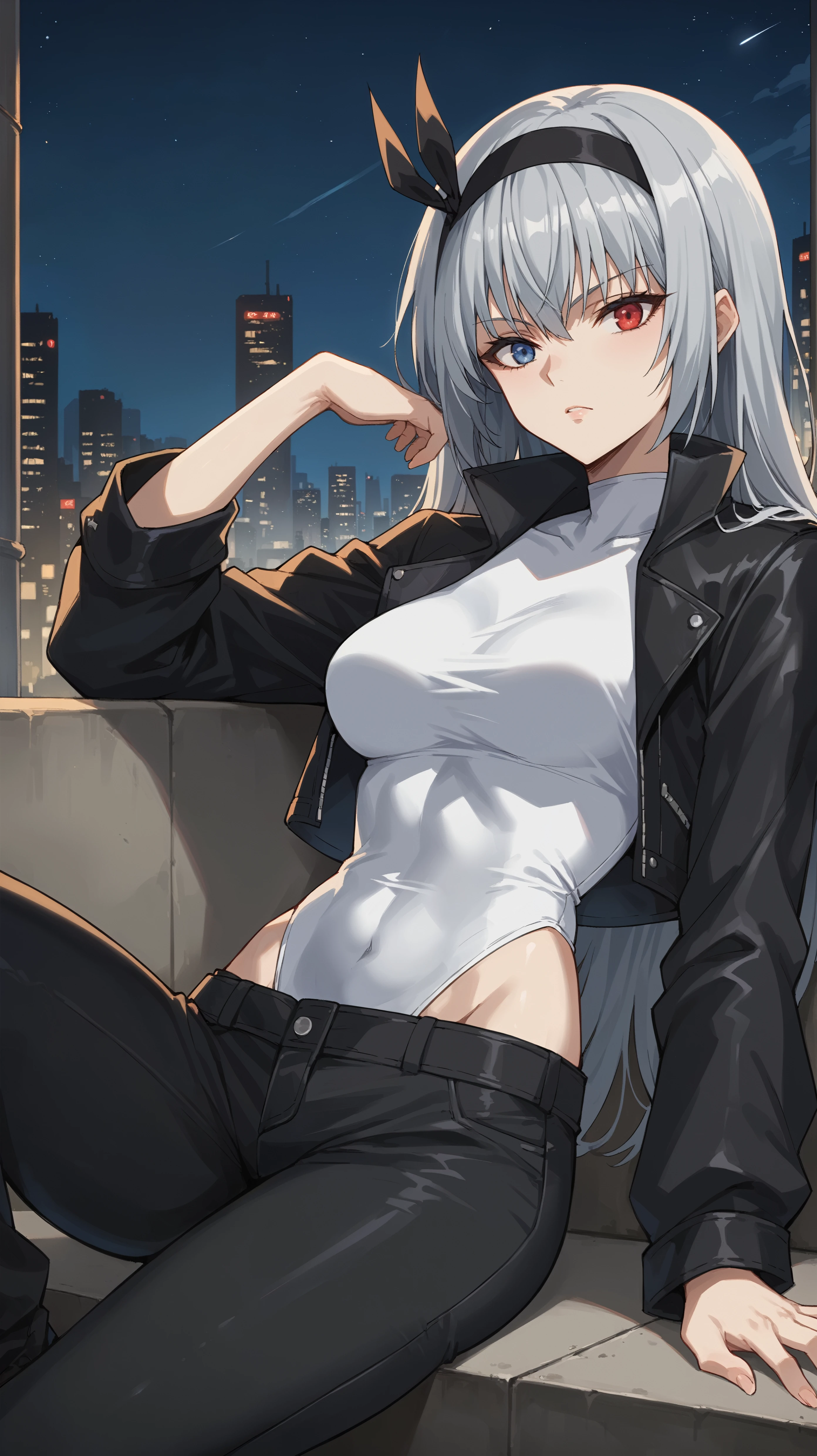 score_9,score_8_up,score_7_up,score_6_up, <lora:xl_more_art-full_v1:0.5>, source_anime, girl, dynamic pose, sunbathing, <lora:Luminous Valentine - Pony:0.8>, long hair, grey hair, heterochromia, red eye, blue eye, black hairband, black hair ribbon, leather jacket, cropped jacket, black pants, punk, city, darkness, neon city, white leotard, low-rise pants, night, night sky,