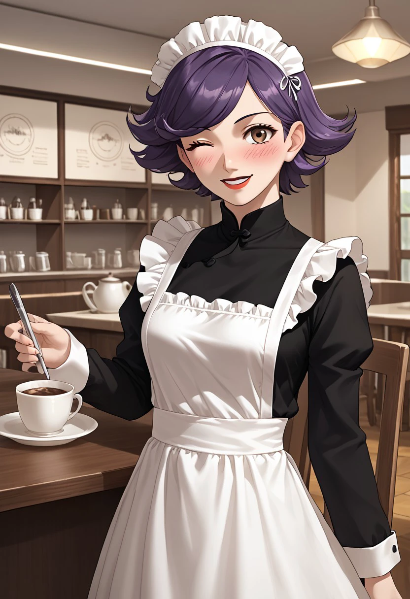 score_9,score_8_up,score_7_up,source_anime,5_figner,2d_animation,game cg,BREAK,1girl,solo,18 years old,sagami_kei,short hair,swept bangs,purple hair,brown eyes,red lips,maid,madi apron,maid headdress,long sleeves,
medium breasts,smile,front view,cowboy shot,looking at viewer,full-face blush,one eye closed,
cafe,desk,chair,
masterpiece,best qualit,ultra-detailed,illustration,an extremely delicate and beautiful,beautiful detailed eyes,unity 8k wallpaper,high resolution,anime CG,official_art,