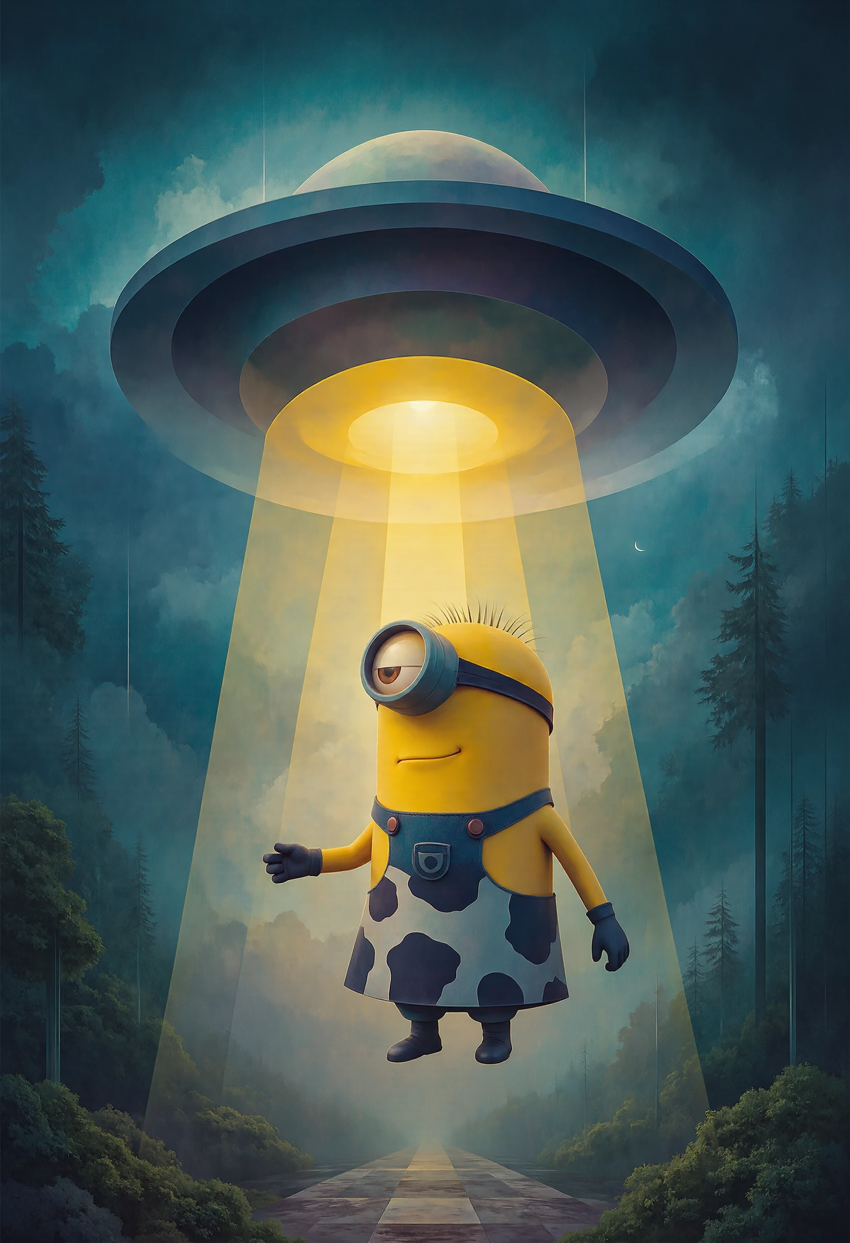 A digital artwork in the style of CLRFL, A UFO hovers over a minion wearing a cow patterned dress as it illuminates it under the dark cover of the sky. The minion is floating in the air.