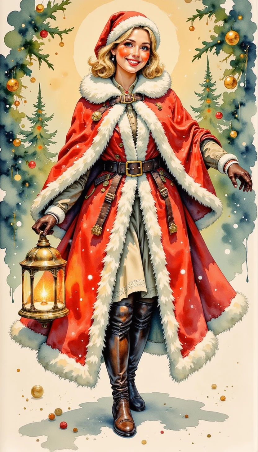 pinkretrochristmaswatercolor, 

A charming woman dressed in a festive red cloak trimmed with white fur, holding a glowing lantern