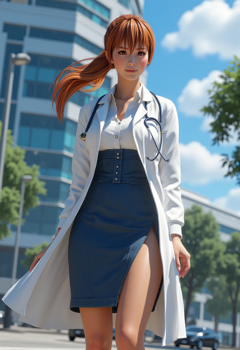 A detailed solo portrait.
CG,  sharp, high contrast and highly detailed., 
 <lora:doa6_kasumi_v1_1-000004:1> kasumi_doa6,, 
She is wearing a labcoat, a shirt, and a pencil skirt and a pair of high heels. She stands in front of a modern hospital, looking happy. Wind blows through her labcoat. Full body.