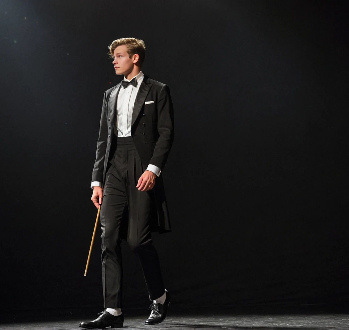 raw photo, face portrait, realistic, (florian, handsome Austrian male model , 19 yo, athletic), dressed as orchestra conductor, black tailcoat, white dress shirt, white bow tie, leather shoes, salutes the stage, spotlight