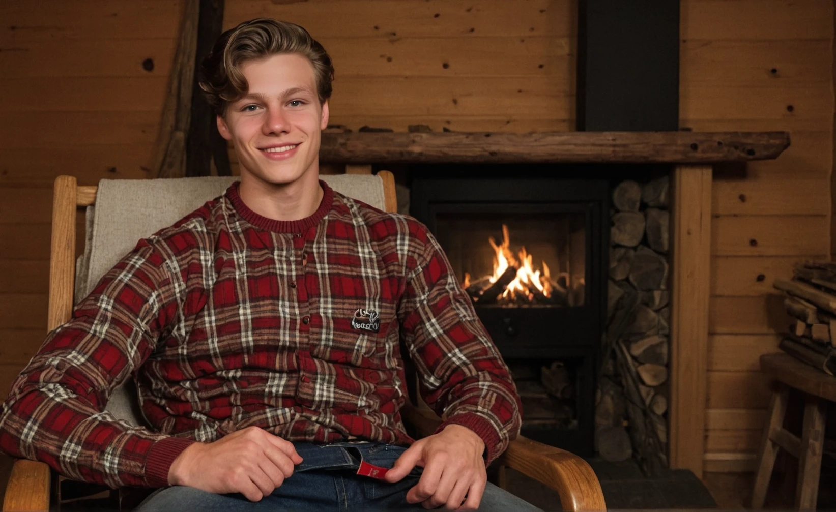 raw photo, face portrait, realistic, (florian, handsome Austrian male model , 19 yo, athletic), lumberjack clothes, sitting on a rocking chair, by a fireplace, in a cozy wood cabin, dim light from fireplace, looking at viewer, smile