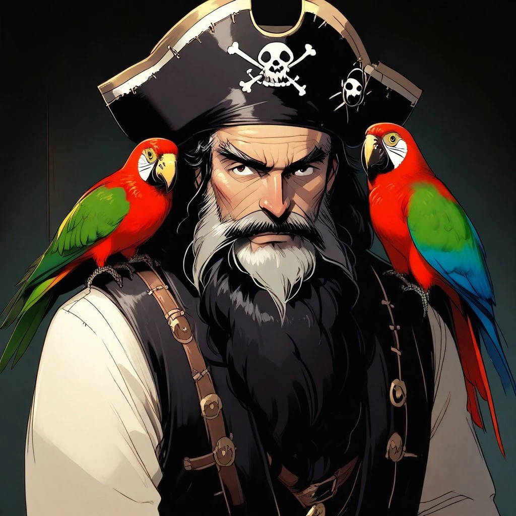 NeonhadesV2IllustriousXL, masterpiece, best quality, 2.5D male focus, score_9, score_8_up, score_7_up, 1boy, beard, facial hair, mustache, hat, pirate hat, pirate, old, old man, black hair, Parrot on shoulder, Parrot, bird, bird on shoulder, animal on shoulder