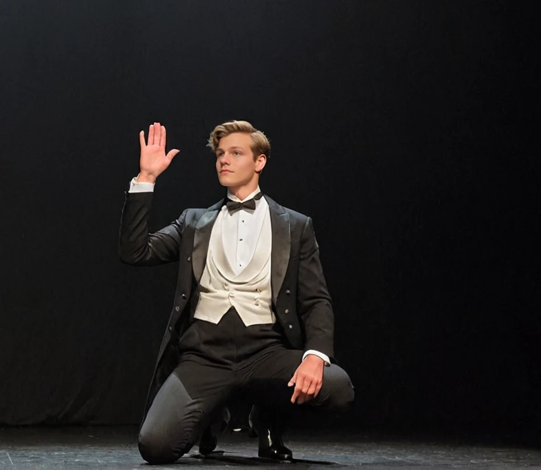 raw photo, face portrait, realistic, (florian, handsome Austrian male model , 19 yo, athletic), dressed as orchestra conductor, black tailcoat, white dress shirt, white bow tie, leather shoes, salutes the stage, spotlight