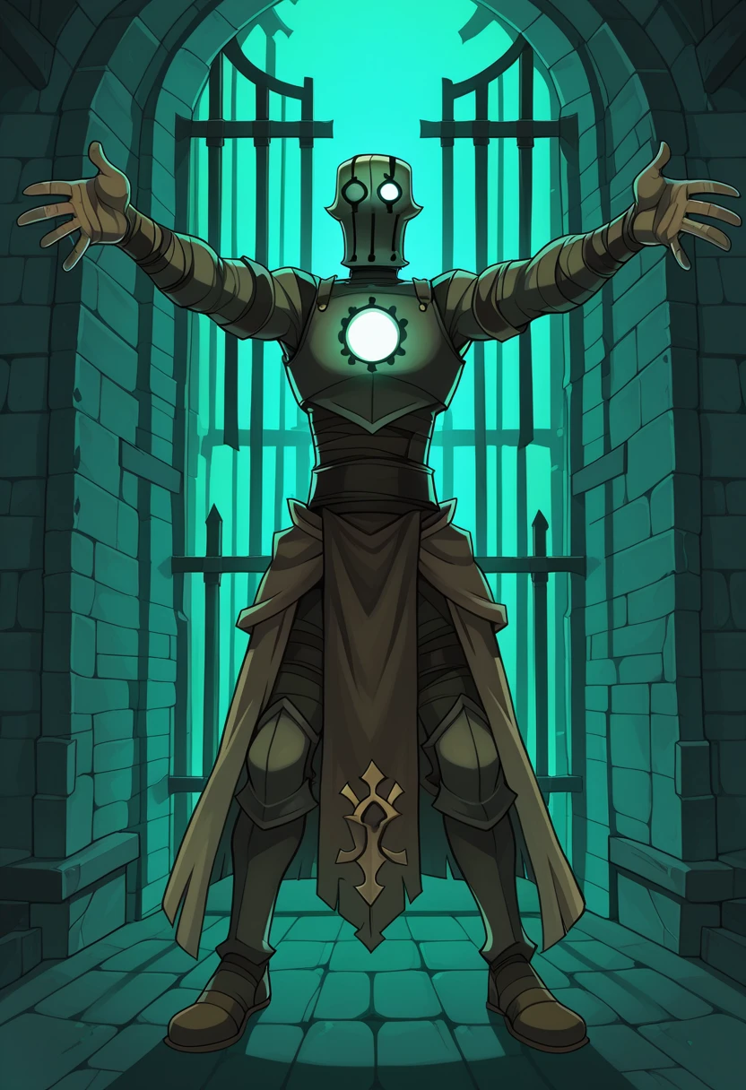 nox_wakfu, solo, armor, glowing, outstretched arms, 1man, male focus, full armor, bandages, breastplate, glowing background, prison