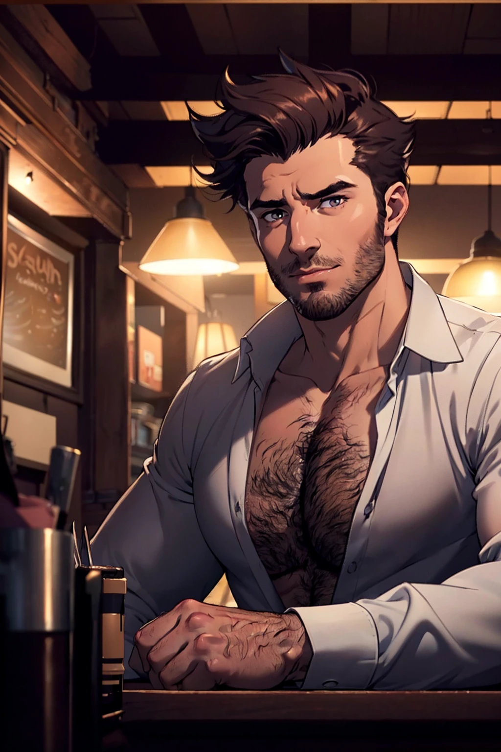 <lora:morph-western:0.75>
shirtless, chest hair, 
wide angle, athletic guy at table booth, fade, soft smile, messy hair, unbuttoned shirt,
dark low lit , clutter, date night, elegant restaurant, crowded, ((dimly lit, low lit, deep focus, snapchat)),
bad quality , grainy jpg , blurred, motionblur, ugly,