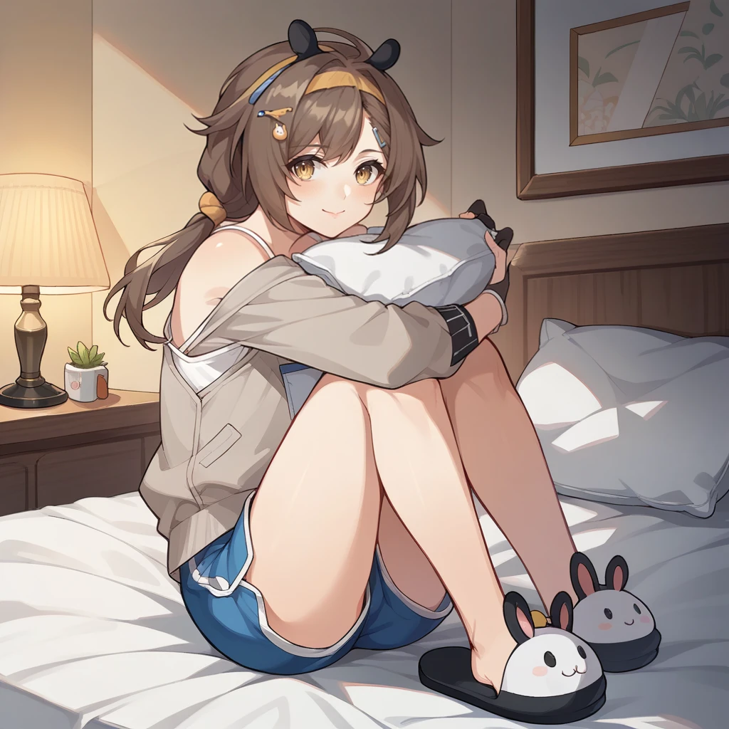 score_9_up, score_8_up, score_7_up, source_anime, 1girl, solo, night, bedroom dimmed light, lamp, from front, looking at you, slippers, animal slippers, mischievous smile, parted lips, leaning forward, hand on own thigh, posing, face focus, mature body, dynamic cowboy shot, Kokona, Fol001, Kon_Paj, brown hair, yellow eyes, animal ear hairband, hairclip, low tied ponytail, grey jacket, partially unzipped, zipper, camisole, white camisole, blue shorts, dolphin shorts, single fingerless glove, black glove,