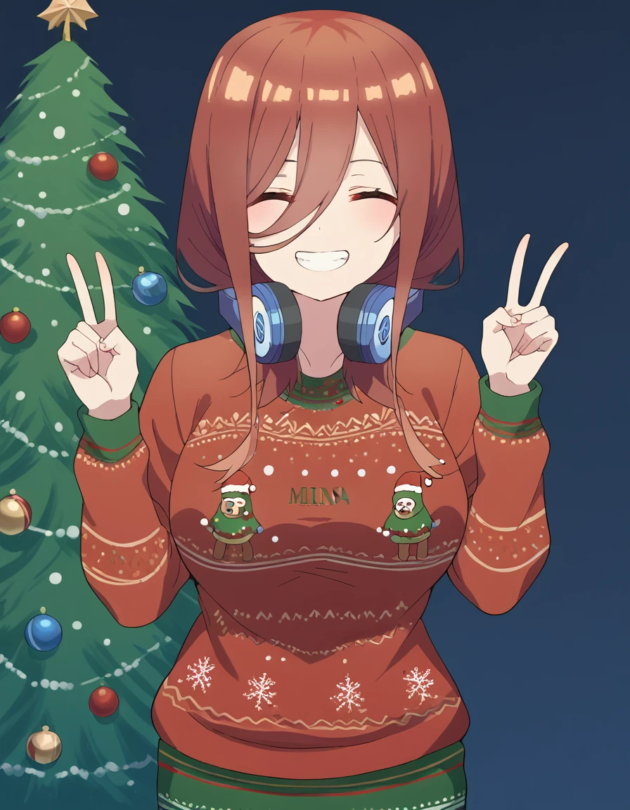 score_9, score_8_up, score_7_up, source_anime, <lora:miku-nakano-s2-ponyxl-lora-nochekaiser:1>, miku nakano, long hair, bangs, brown hair, headphones, headphones around neck, large breasts,, <lora:christmas-sweater-ponyxl-lora-nochekaiser:1>, christmas sweater, christmas, ugly sweater, print sweater, red sweater, christmas tree, christmas ornaments, sweater, multicolored sweater, , v, smile, hands up, teeth, closed eyes, cowboy shot,