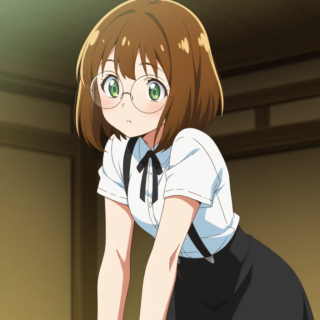 masterpiece, best quality, 1girl, solo, brown hair, green eyes, white shirt, black skirt, suspenders, round eyewear, anime screencap,