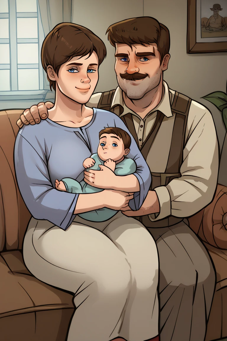 score_9, score_8_up, score_7_up,   couple, duo, 
1boy,big mature dilf hairy male,brown mustache pale father, pale mother,  

WHTJack ,1girl, short hair,brown hair,blue eyes,
 
 ,  holding baby, 
 
 living room, couch, cozy,
sitting, looking at viewer,
front view