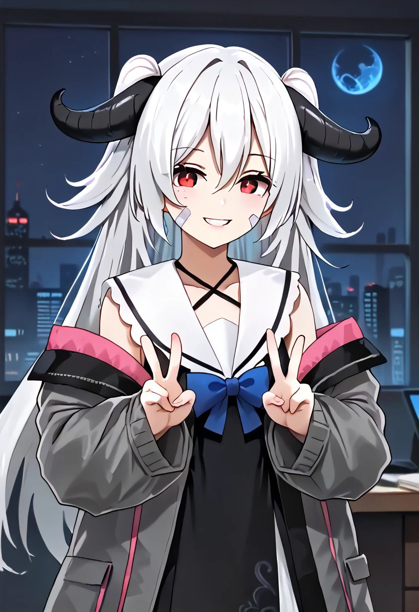 1girl, solo, solo focus, highres, absurdres, PhaseAiko, demon horns, bangs, long hair, hair between eyes, red eyes, two side up, white hair, curled horns, bandage on face, bandaid on cheek,
black dress, white sailor collar, blue bow, sleeveless shirt, criss-cross halter,
grey jacket, off shoulder, long sleeves, sleeves past wrists,
double v, smile, hands up,
office, window, cityscape, neon lights, dark, very dark, night, night sky, backlighting, silhouette,