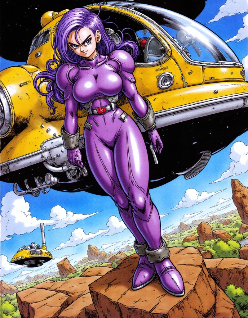 <lora:Akira_Toriyama_Style:0.9> akira toriyama style, a full body purple hair woman wears a futuristic armor suit. She pose in front of a spaceship