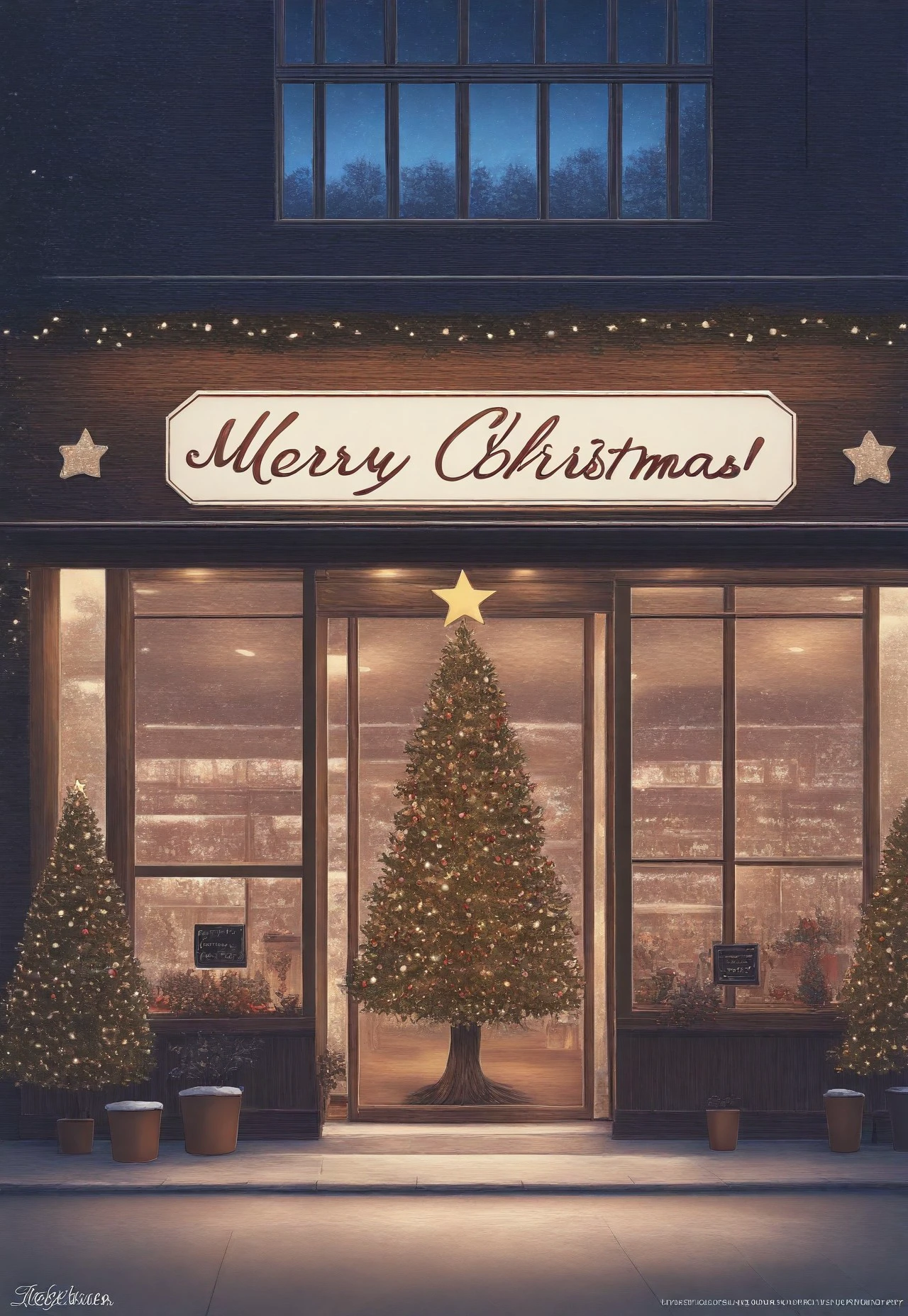 masterpiece, absurdres, best quality, Christmas Aesthetic, no humans, scenery, christmas, window, christmas tree, storefront, sign, outdoors, shop, christmas ornaments, plant, building, watermark, night, artist name, potted plant, cafe, english text, star (symbol), merry christmas, reflection