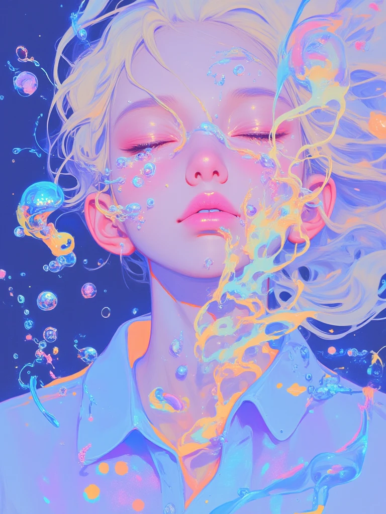 xijie_mihuan,an abstract digital art piece that appears to be a portrait of a young woman's face, The woman has blonde hair that is flowing in the wind and is covered in colorful splashes and bubbles, Her eyes are closed and her head is tilted back, as if she is sleeping, The background is a deep blue color with a hint of purple and orange, The overall mood of the image is dreamy and ethereal, The image has a surreal and dreamlike quality to it