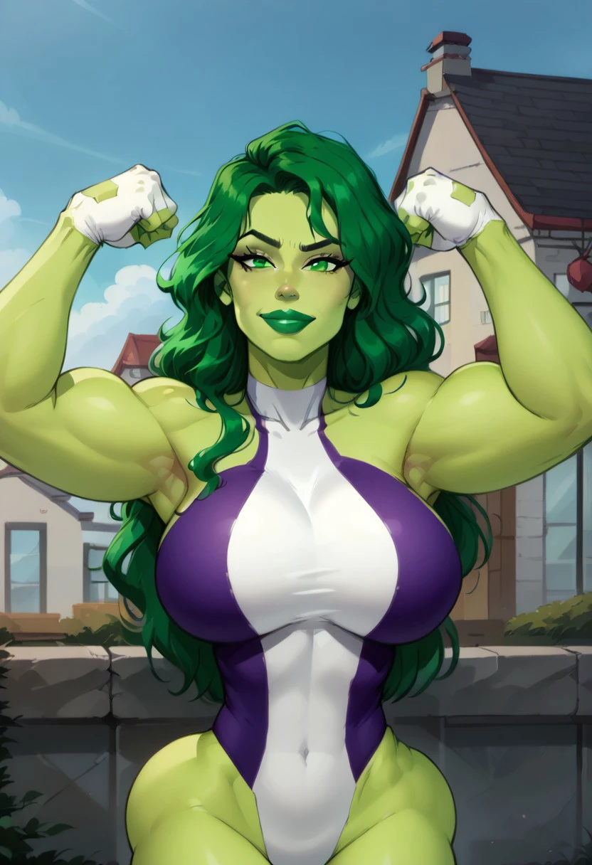 suburban neighborhood, neighborhood background, backyard, day, day time, 2d, 1girl, solo, masterpiece, best quality, extreme detail, hourglass figure, wide hips, big breasts, round boobs, bubble butt, slim waist, mature female, SheHulk, Marvel, muscular female, toned female, athletic female, green skin, green-skinned female, colored skin, green hair, long hair, wavy hair, green eyes, green lips, multicolored leotard, white leotard, purple leotard, white gloves, fingerless gloves, bare shoulders, bare arms, bare legs, bare thighs, covered navel,
smug expression, close up, upper body, arms up, flexing, looking at viewer,