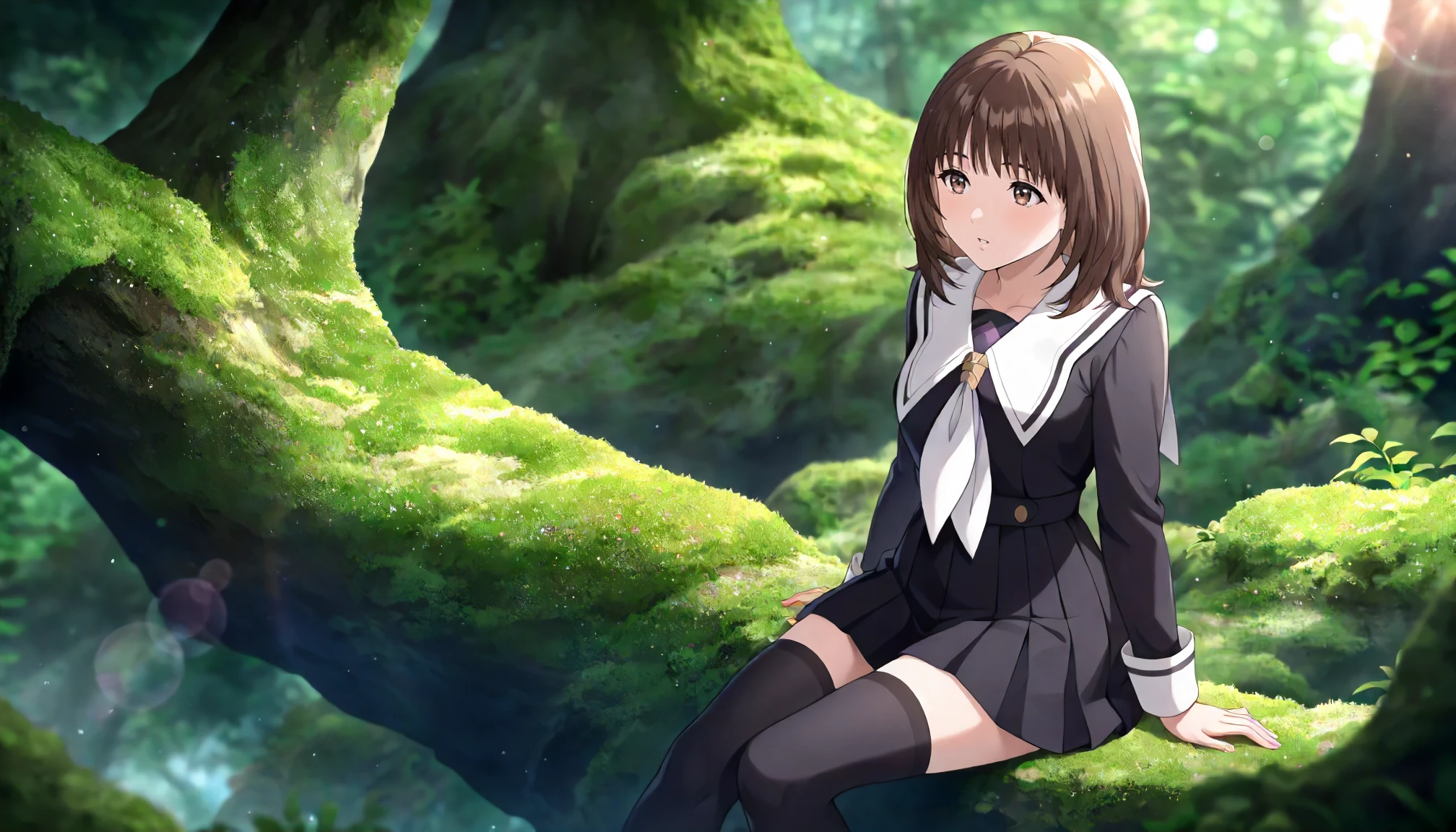 <lora:Is_IoriYoshizukiXLIllustrious001>,
masterpiece,best quality,good quality,newest,
detailed background,nature,lens_flare,glitter,moss,
parted lips,
looking at another,
solo,
IoriYoshizuki,1girl,brown hair,medium hair,brown eyes,
white sailor collar,black dress,white neckerchief,
pleated dress,
black thighhighs,
sitting,