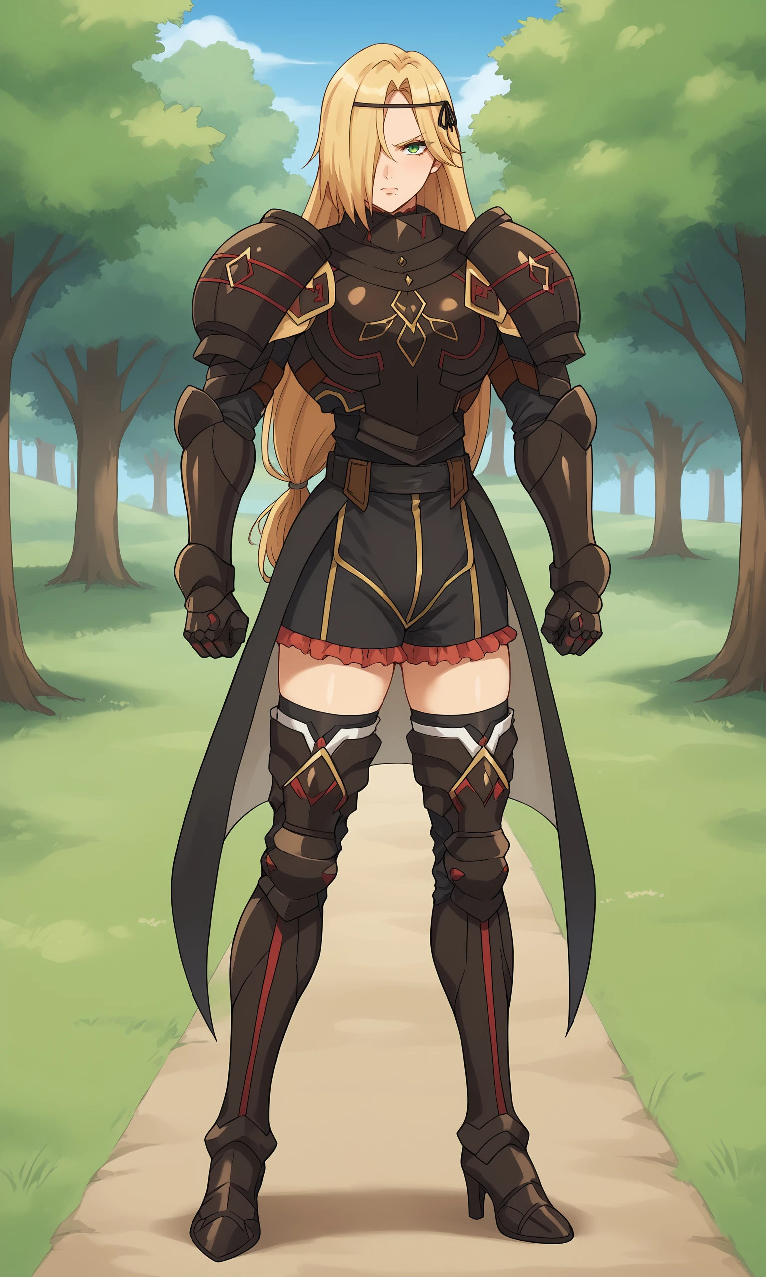 score_9, score_8_up, score_7_up, score_6_up, score_5_up, score_4_up, brown_armored_dress, Leinas_Rockbruise, looking_at_viewer, solo, large_breasts, closed_mouth, mole_under_mouth, expressionless, one_eye_covered, knight, circlet, shoulder_armor, breastplate, gauntlets, black_skirt, frilled_skirt, miniskirt, groin, black_thighhighs, zettai_ryouiki, armored_boots, thigh_boots, high_heels, clenched_hand, standing, full_body, outdoors, <lora:Leinas_Rockbruise_V1_2:0.8>