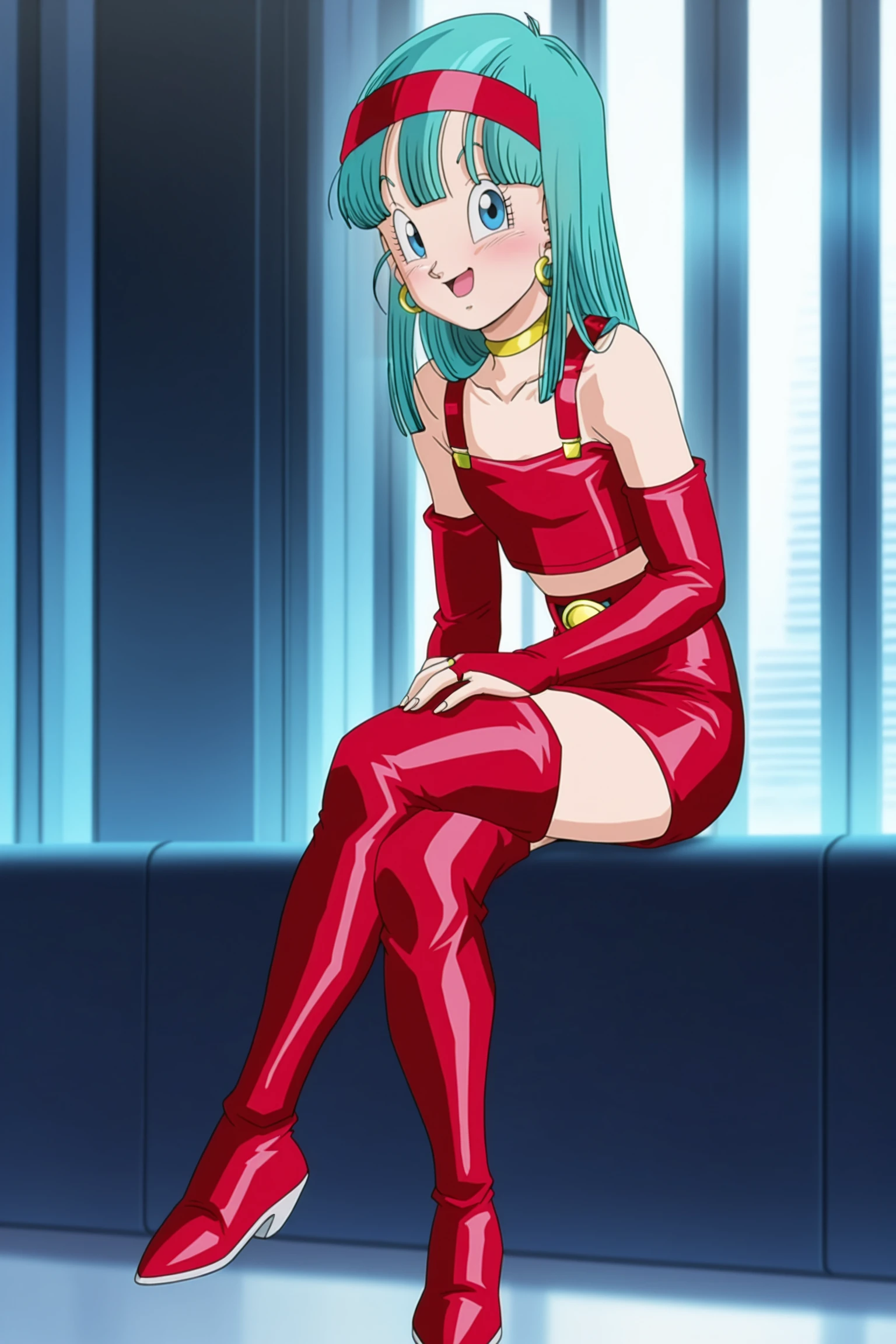 anime screencap, masterpiece, best quality, amazing quality, very aesthetic, absurdres,  newest, (scenery, volumetric lighting),BREAK
bra \(dragon ball\), dragon ball gt, official style, 1girl, solo, long hair, looking at viewer, blush, smile, open mouth, blue eyes, sitting, full body, aqua hair, crossed legs, bridal gauntlets, bare shoulders, blunt bangs, eyebrows, hoop earrings, eyelashes, hand on own knee, red hairband, red armwear, red crop top, miniskirt, red skirt, thigh boots, red footwear, fingernails, choker, collarbone, flat chest, raised eyebrows, hair on shoulder, straight hair, tongue, leather
 <lora:Bra_IL:0.8>
masterpiece, best quality, amazing quality, very aesthetic, absurdres,  newest, (scenery, volumetric lighting),