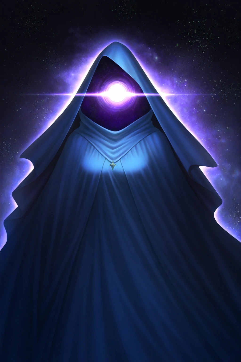 artist:, This image is a digital artwork featuring a mysterious, hooded figure set against a vast, star-studded cosmic background. The figure is shrouded in a dark, flowing cloak, with the hood obscuring most of the face, creating an enigmatic and otherworldly aura. The face is illuminated by a bright, glowing black hole at the center, with a ring of light surrounding it, indicating the event horizon. The black hole is the central focus, its dark, swirling center contrasting sharply with the bright ring. The cloak is made of a fabric that appears slightly textured, suggesting a soft, draping material. The cosmic background is filled with numerous stars of various sizes and colors, creating a sense of depth and infinity. The stars range from small, twinkling dots to larger, brighter orbs, adding to the ethereal and cosmic theme of the artwork. The overall composition is a blend of science fiction and cosmic imagery, with a surreal and mysterious atmosphere. The color palette primarily consists of deep blacks, grays, and whites, with the occasional splash of bright, glowing colors emanating from the black hole. The artwork effectively combines elements of fantasy and science to create a captivating, otherworldly scene., 
(detailed, masterpiece, best quality, good quality, newest, very awa), absurdres, highres, scenery,