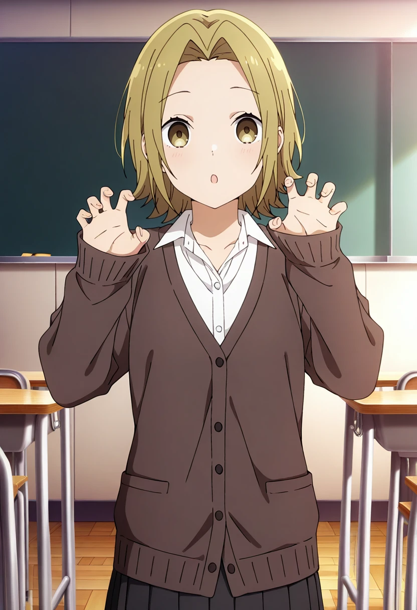 masterpiece,best quality, yuki_horimiya, 1girl, anime coloring, solo, forehead, short hair, light brown hair, parted bangs, brown eyes, school uniform,long sleeves, white shirt, collared shirt,brown cardigan,cardigan,pleated skirt, black skirt, sleeves past fingers, claw pose, hands up, classroom,   <lora:yuki_horimiya_IL-000007:0.9>