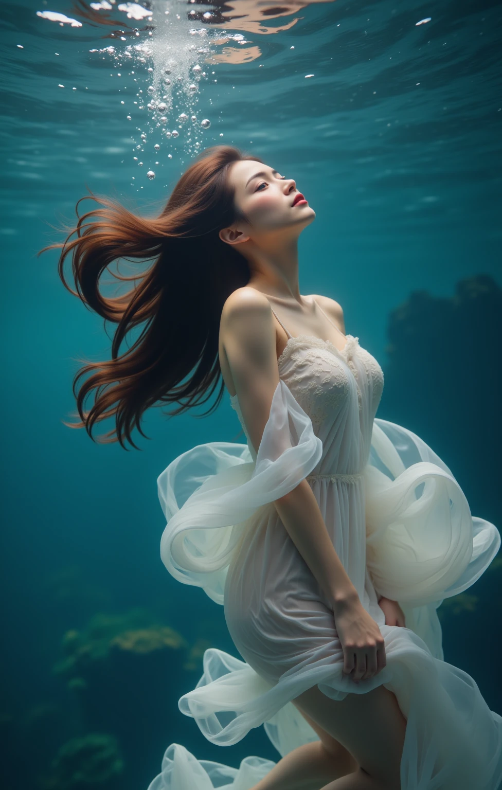 Underwater_Photography,Asian_Girls,Underwater_Photography,A woman in a flowing dress,submerged underwater with her hair cascading around her as she gazes upwards,