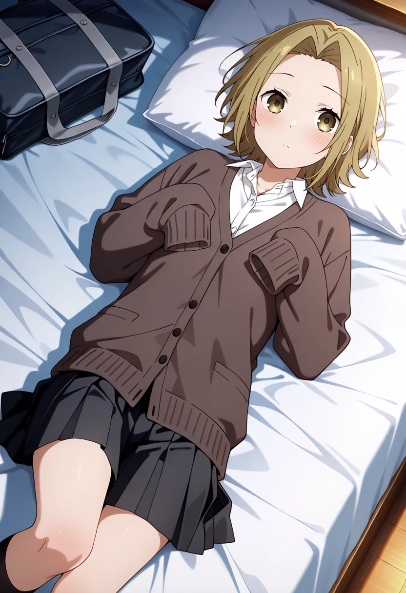 masterpiece,best quality, yuki_horimiya, 1girl, anime coloring, solo, forehead, short hair, light brown hair, parted bangs, brown eyes, school uniform,long sleeves, white shirt, collared shirt,brown cardigan,cardigan,pleated skirt, black skirt, sleeves past fingers,  lying, on back, bed, kneehighs, school bag, blush,  dark, dutch angle,  <lora:yuki_horimiya_IL-000007:0.9>